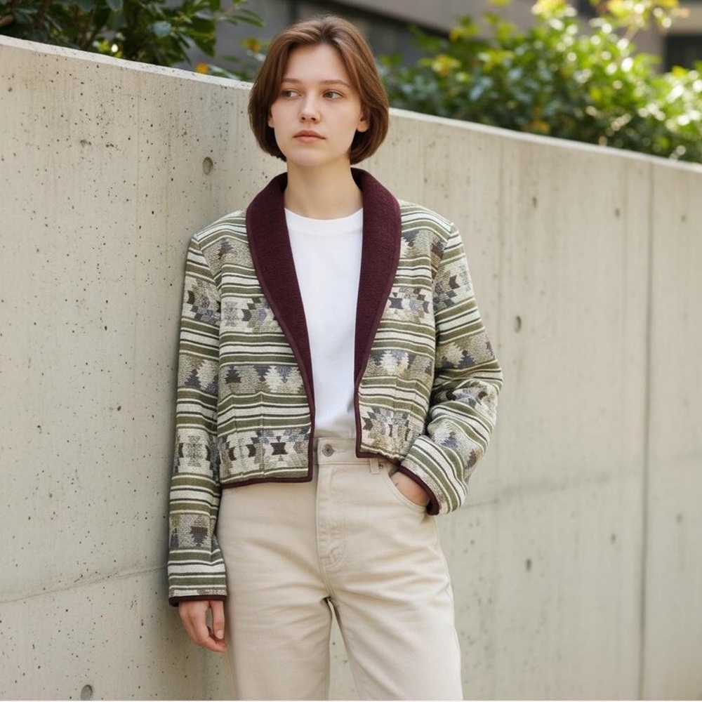 Patterned with Earth Tones Jacket with Maroon Accents - Picture 6 of 6
